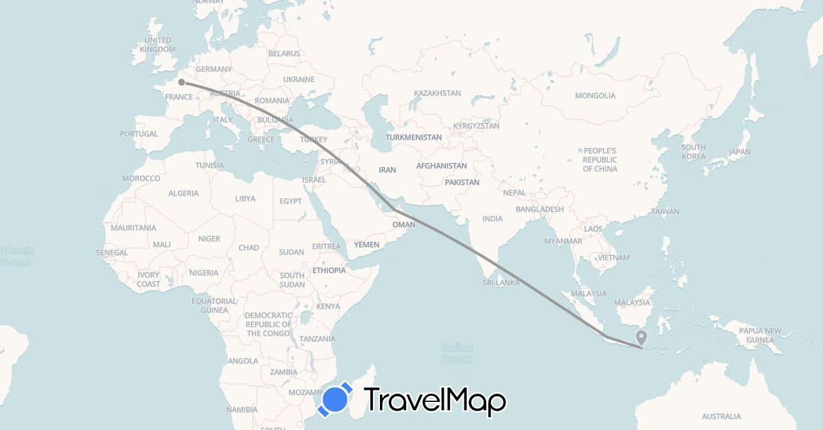 TravelMap itinerary: plane in United Arab Emirates, France, Indonesia (Asia, Europe)